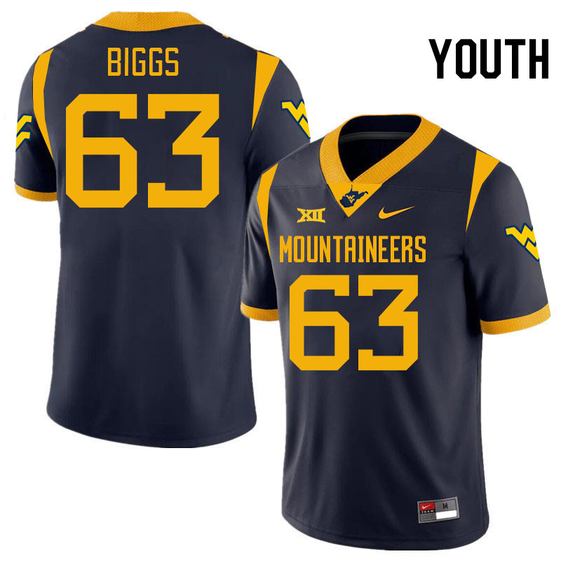 Youth #63 Bryce Biggs West Virginia Mountaineers College 2024 New Uniforms Football Jerseys Stitched